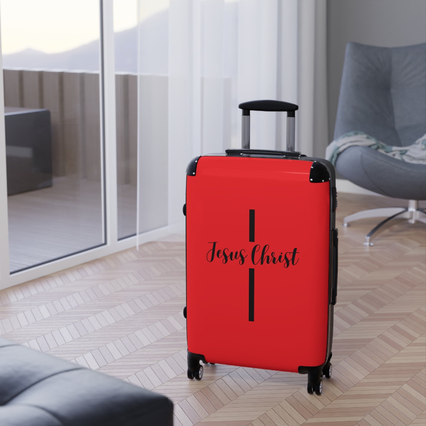 SuitcaseJesus Christ Cross Suitcase | Durable Travel Gear | Faith-Inspired Design | Stylish Red & Secure Luggage