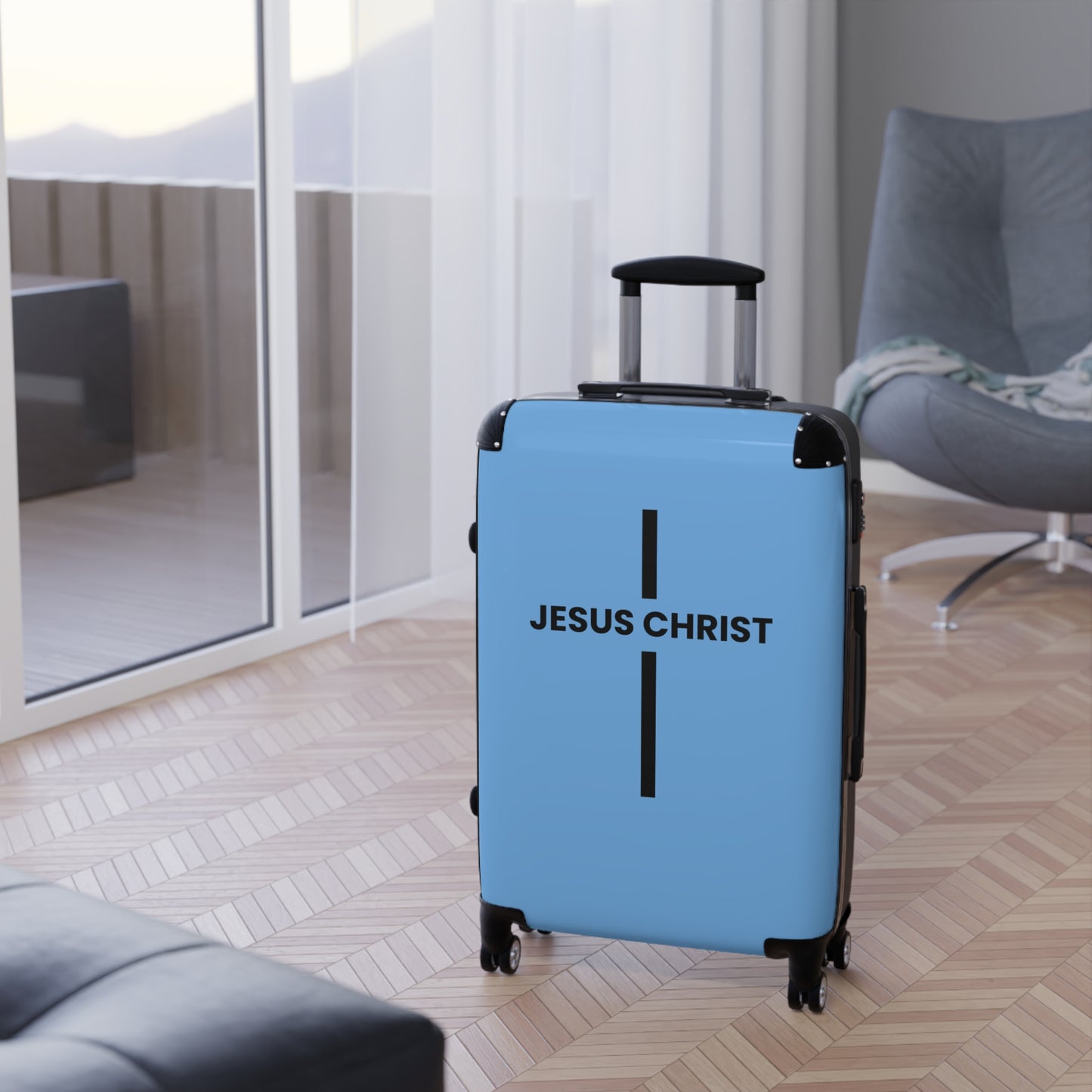 Jesus Christ Cross Suitcase | Durable Travel Gear | Faith-Inspired Design | Stylish Blue & Secure Luggage