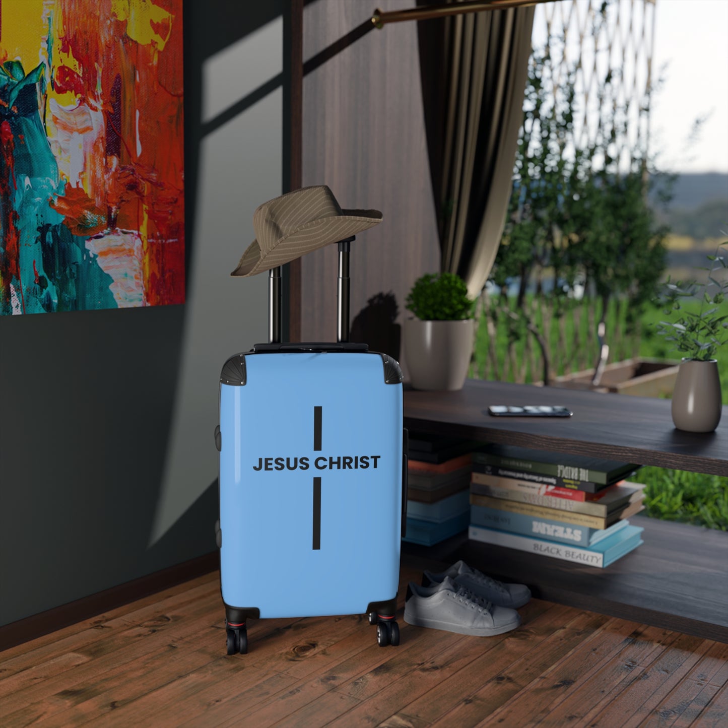 Jesus Christ Cross Suitcase | Durable Travel Gear | Faith-Inspired Design | Stylish Blue & Secure Luggage