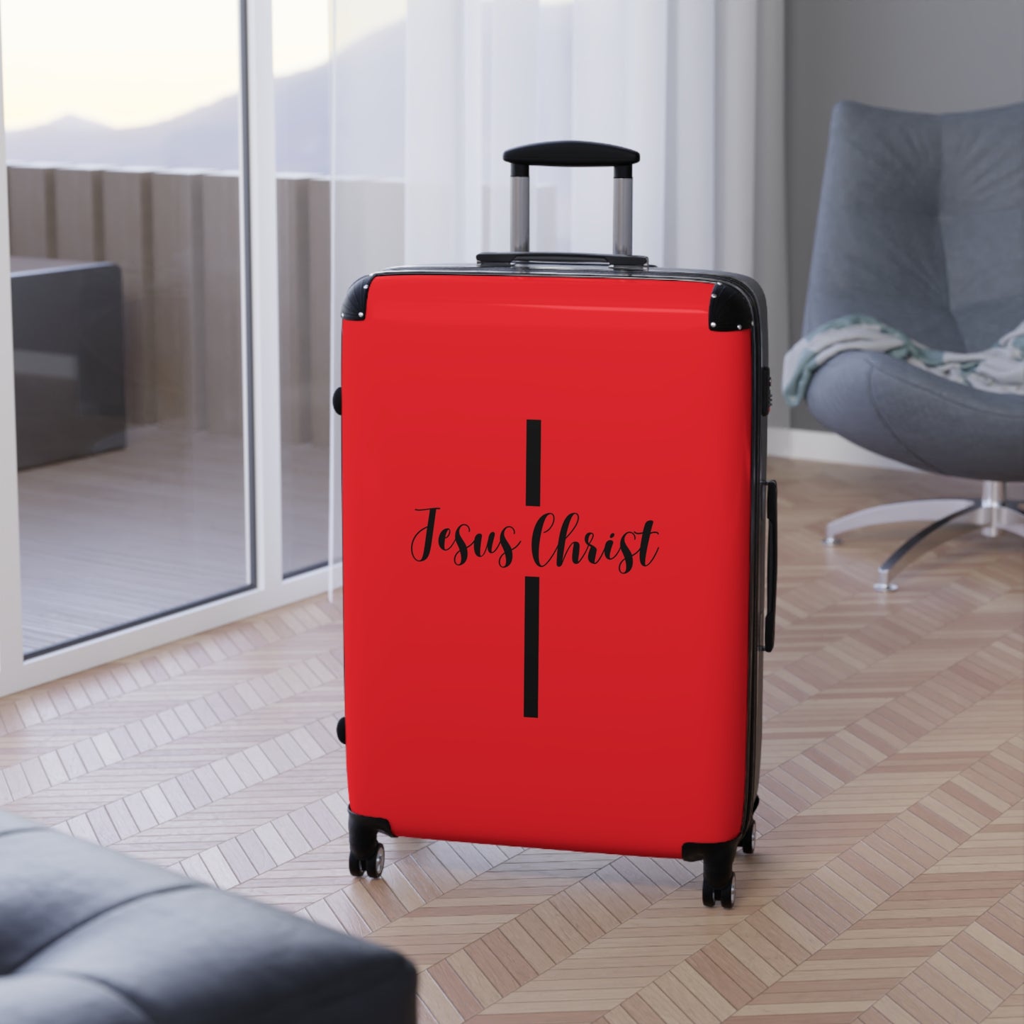 SuitcaseJesus Christ Cross Suitcase | Durable Travel Gear | Faith-Inspired Design | Stylish Red & Secure Luggage