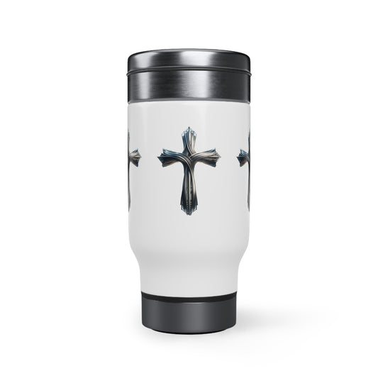 Trinity of Faith: Stainless Steel Travel Mug with Handle, 14oz adorned with Metallic Crosses