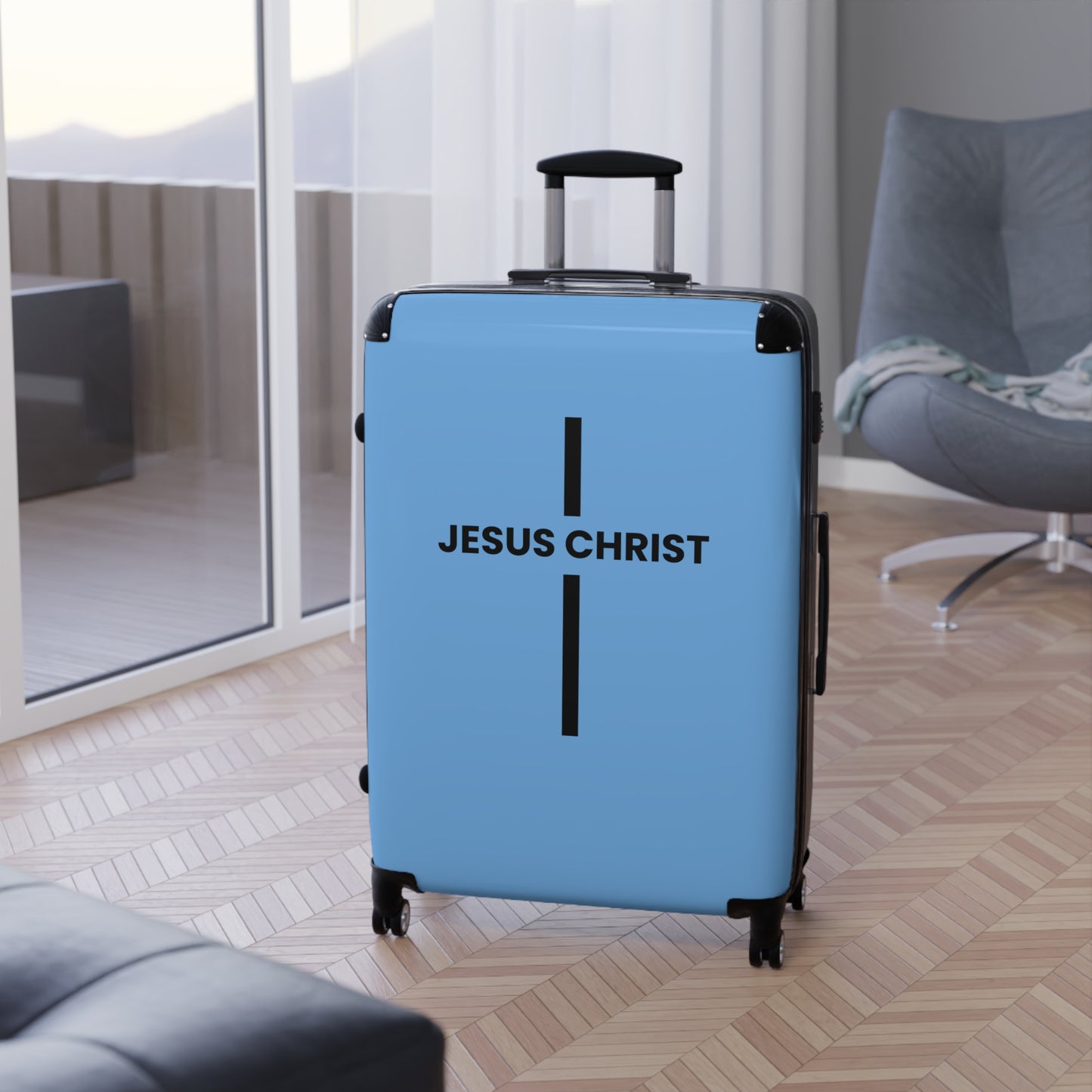 Jesus Christ Cross Suitcase | Durable Travel Gear | Faith-Inspired Design | Stylish Blue & Secure Luggage